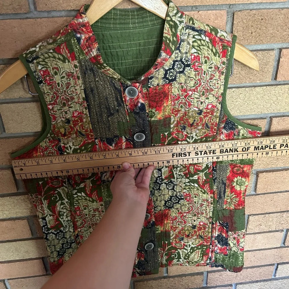 Olive Red Yellow Patchwork Print Quilted Reversible Boho Vest Floral Fall - Picture 6 of 8